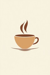 Fototapeta premium A minimalist illustration of a steaming cup of coffee made with smooth vector lines. The cup is placed centrally on a light beige background. The color scheme uses earthy browns and creamy whites.