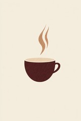 Obraz premium A minimalist illustration of a steaming cup of coffee made with smooth vector lines. The cup is placed centrally on a light beige background. The color scheme uses earthy browns and creamy whites.