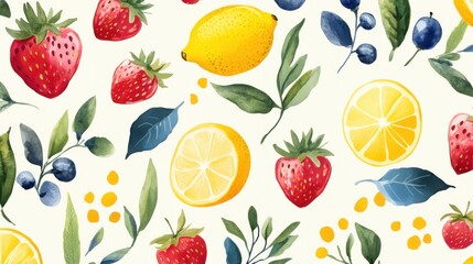 Vibrant tiled pattern of summer fruits like strawberries and lemons, combined with leafy branches and vines, in a watercolor style