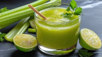Fototapeta premium A glass of vibrant green celery and lime juice garnished with parsley leaves and surrounded by fresh lime halves and celery stalks on a dark background. 