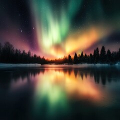 Dreamy atmosphere Aurora lights Stunning aurora reflections over a serene lake.
