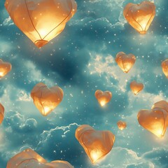 Romantic Heart Lanterns in the Night Sky