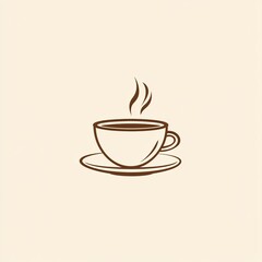 Obraz premium A minimalist illustration of a steaming cup of coffee made with smooth vector lines. The cup is placed centrally on a light beige background. The color scheme uses earthy browns and creamy whites.