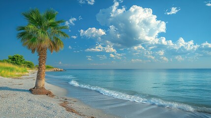 Picturesque beach scene with palm tree, tranquil turquoise water, and fluffy clouds.