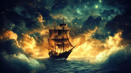 Obraz premium A majestic sailing ship voyages through a celestial sea