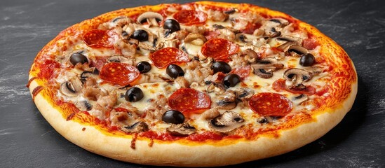Delicious Pepperoni and Sausage Pizza with Mushrooms and Olives Freshly Baked on a Rustic Black Surface Perfect for Culinary and Food Photography