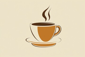 Obraz premium A minimalist illustration of a steaming cup of coffee made with smooth vector lines. The cup is placed centrally on a light beige background. The color scheme uses earthy browns and creamy whites.
