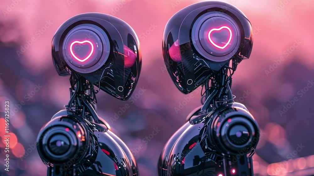 Poster two advanced robots stand closely together, their faces adorned with glowing heart symbols. the colo