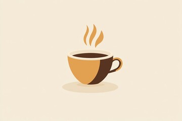Fototapeta premium A minimalist illustration of a steaming cup of coffee made with smooth vector lines. The cup is placed centrally on a light beige background. The color scheme uses earthy browns and creamy whites.