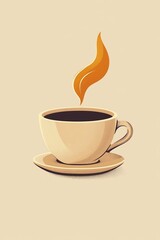 Obraz premium A minimalist illustration of a steaming cup of coffee made with smooth vector lines. The cup is placed centrally on a light beige background. The color scheme uses earthy browns and creamy whites.