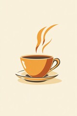 Obraz premium A minimalist illustration of a steaming cup of coffee made with smooth vector lines. The cup is placed centrally on a light beige background. The color scheme uses earthy browns and creamy whites.