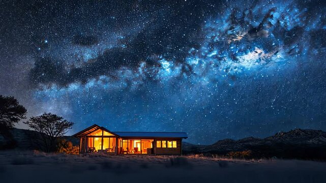 A house is lit up in the night sky with a large, glowing cloud of stars