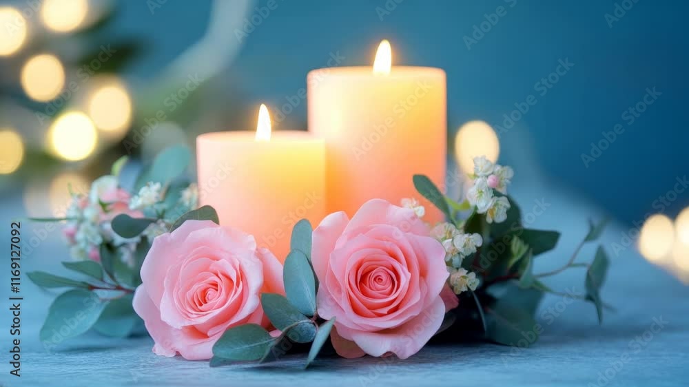 Poster elegant arrangement of pink roses with candles and soft bokeh background for serenity and calmness