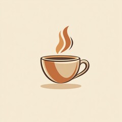 Fototapeta premium A minimalist illustration of a steaming cup of coffee made with smooth vector lines. The cup is placed centrally on a light beige background. The color scheme uses earthy browns and creamy whites.