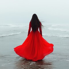 Woman in a flowing red dress standing by the calm ocean waves, embodying grace.