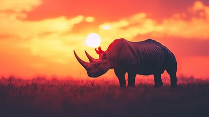 Naklejka premium A majestic rhinoceros stands against a vibrant sunset, showcasing its impressive horns and silhouette in a stunning natural landscape.