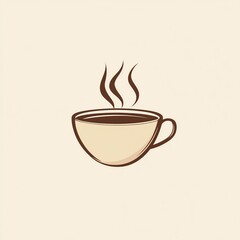 Obraz premium A minimalist illustration of a steaming cup of coffee made with smooth vector lines. The cup is placed centrally on a light beige background. The color scheme uses earthy browns and creamy whites.