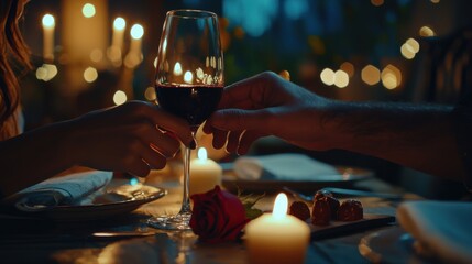 closeup with cropped shot of lovers holding hands over romantic valentine’s day dinner table with wine and red rose. the man gently touches the woman’s fingers.