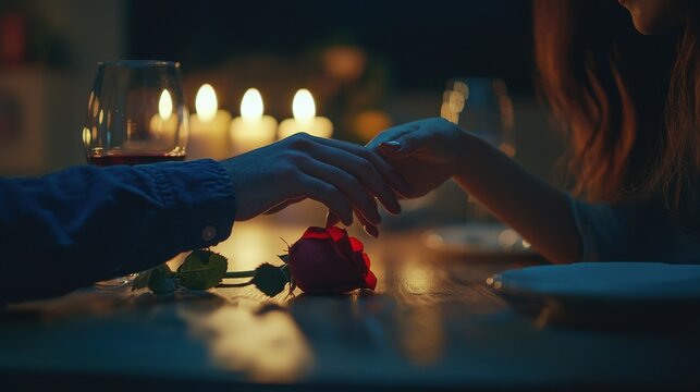 closeup with cropped shot of lovers holding hands over romantic valentine’s day dinner table with wine and red rose. the man gently touches the woman’s fingers. - Powered by Adobe