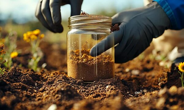 A person collects soil in a jar for analysis in a garden.