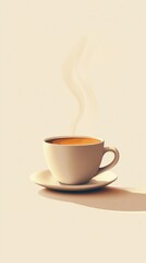Obraz premium A minimalist illustration of a steaming cup of coffee made with smooth vector lines. The cup is placed centrally on a light beige background. The color scheme uses earthy browns and creamy whites.