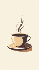 Obraz premium A minimalist illustration of a steaming cup of coffee made with smooth vector lines. The cup is placed centrally on a light beige background. The color scheme uses earthy browns and creamy whites.