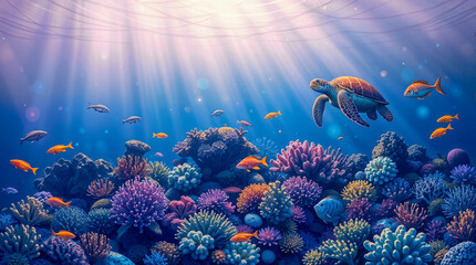 Naklejka premium An illustration of a coral reef with fish and turtles