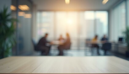 Fondo de oficina desenfocado con mesa en primer plano