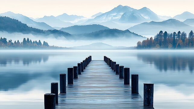Fototapeta Serene misty lake scene with wooden pier extending towards distant mountains.