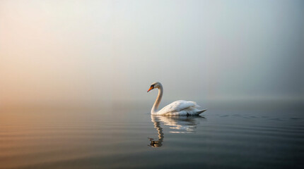 Serene image of a swan on the tranquil waters of a lake in the early morning