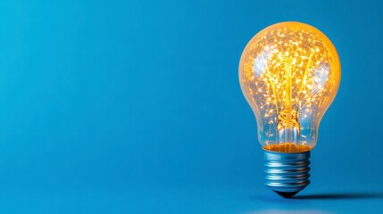Bright Light Bulb with Sparkling Filaments on Blue Background