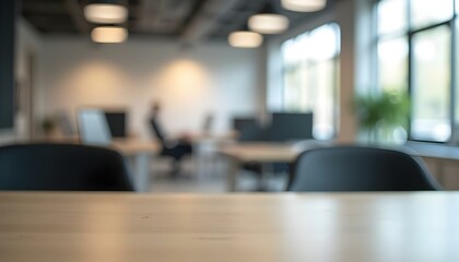 Fondo de oficina desenfocado con mesa en primer plano