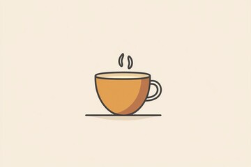 A minimalist illustration of a steaming cup of coffee made with smooth vector lines. The cup is placed centrally on a light beige background. The color scheme uses earthy browns and creamy whites.