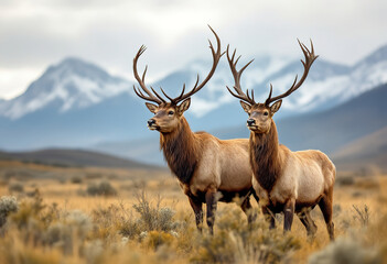 Fototapeta premium Two elk standing in a grassy field with mountains and cloudy sky in the background