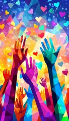 Colorful Unity Diverse Hands And Symbolic Hearts Promote Social Change, Community, And Support