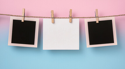 A colorful display of three photo frames hanging on a string, with two black frames and one white frame against a pink and blue background.
