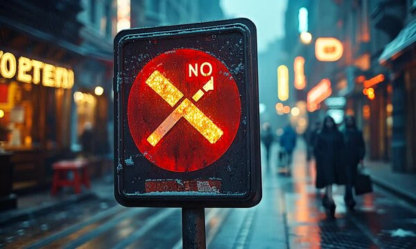 A weathered no-entry sign illuminated in a rainy urban setting.