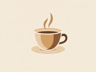 Obraz premium A minimalist illustration of a steaming cup of coffee made with smooth vector lines. The cup is placed centrally on a light beige background. The color scheme uses earthy browns and creamy whites.