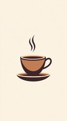 Obraz premium A minimalist illustration of a steaming cup of coffee made with smooth vector lines. The cup is placed centrally on a light beige background. The color scheme uses earthy browns and creamy whites.