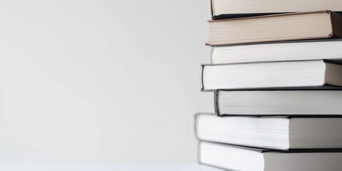 A stack of vintage books, their spines showing, against a clean white backdrop