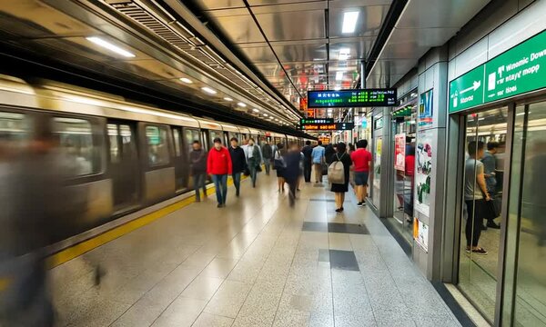 Busy subway station with commuters and trains in motion.