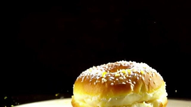 Lemon filling bursting with zest in vibrant cronut under dark background with yellow accents showcasing bright citrusy energy and dynamic feel