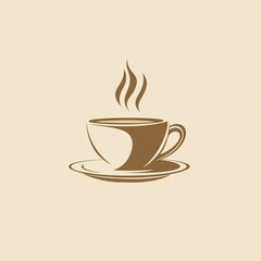 A minimalist illustration of a steaming cup of coffee made with smooth vector lines. The cup is placed centrally on a light beige background. The color scheme uses earthy browns and creamy whites.