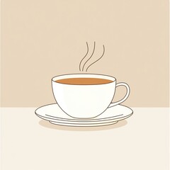 Obraz premium A minimalist illustration of a steaming cup of coffee made with smooth vector lines. The cup is placed centrally on a light beige background. The color scheme uses earthy browns and creamy whites.