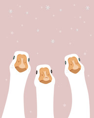Three happy goose birds on pink snowing sky background. Merry Christmas card. © Toltemara
