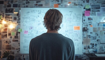 Young male entrepreneur sketching business ideas on a whiteboard