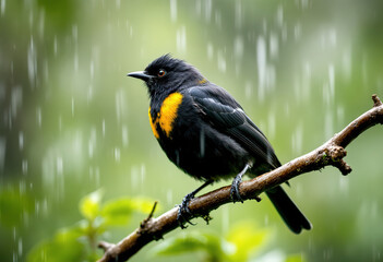 Fototapeta premium A black and yellow bird perched on a branch in a blurry, rainy environment