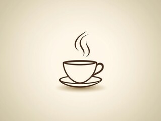 A minimalist illustration of a steaming cup of coffee made with smooth vector lines. The cup is placed centrally on a light beige background. The color scheme uses earthy browns and creamy whites.
