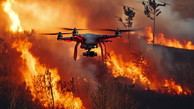 A drone is flying over a forest fire
