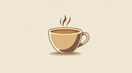 Obraz premium A minimalist illustration of a steaming cup of coffee made with smooth vector lines. The cup is placed centrally on a light beige background. The color scheme uses earthy browns and creamy whites.